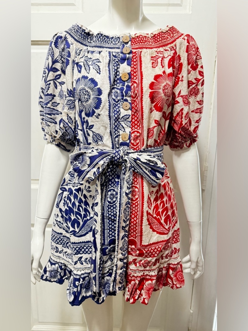 Farm Rio Mixed Pineapple Garden Mini Dress Sz S Red Blue Linen Blend Tie Waist - Picture 2 of 12